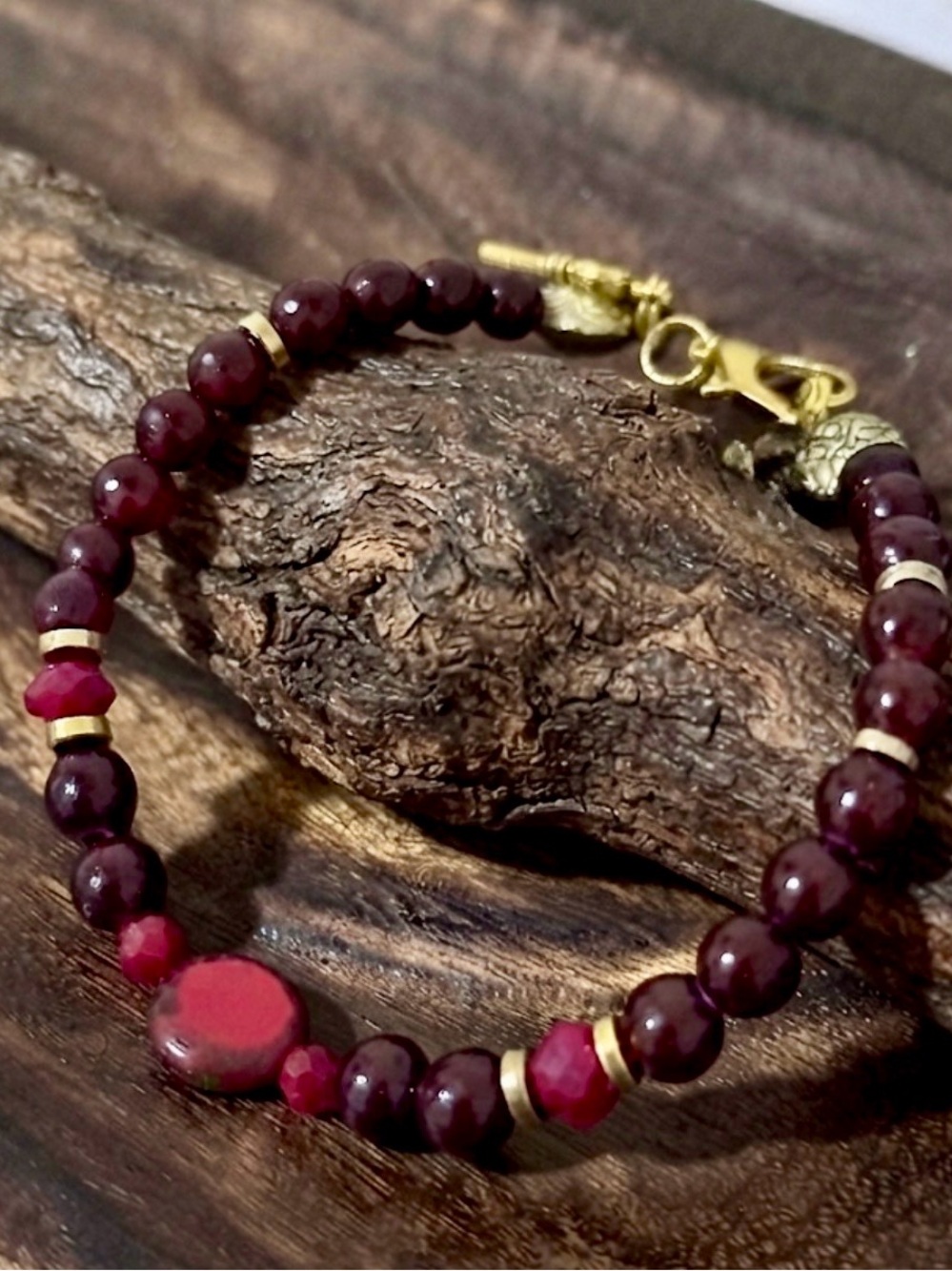 Bohemian Burgundy Bead Bracelet with Gold Accents